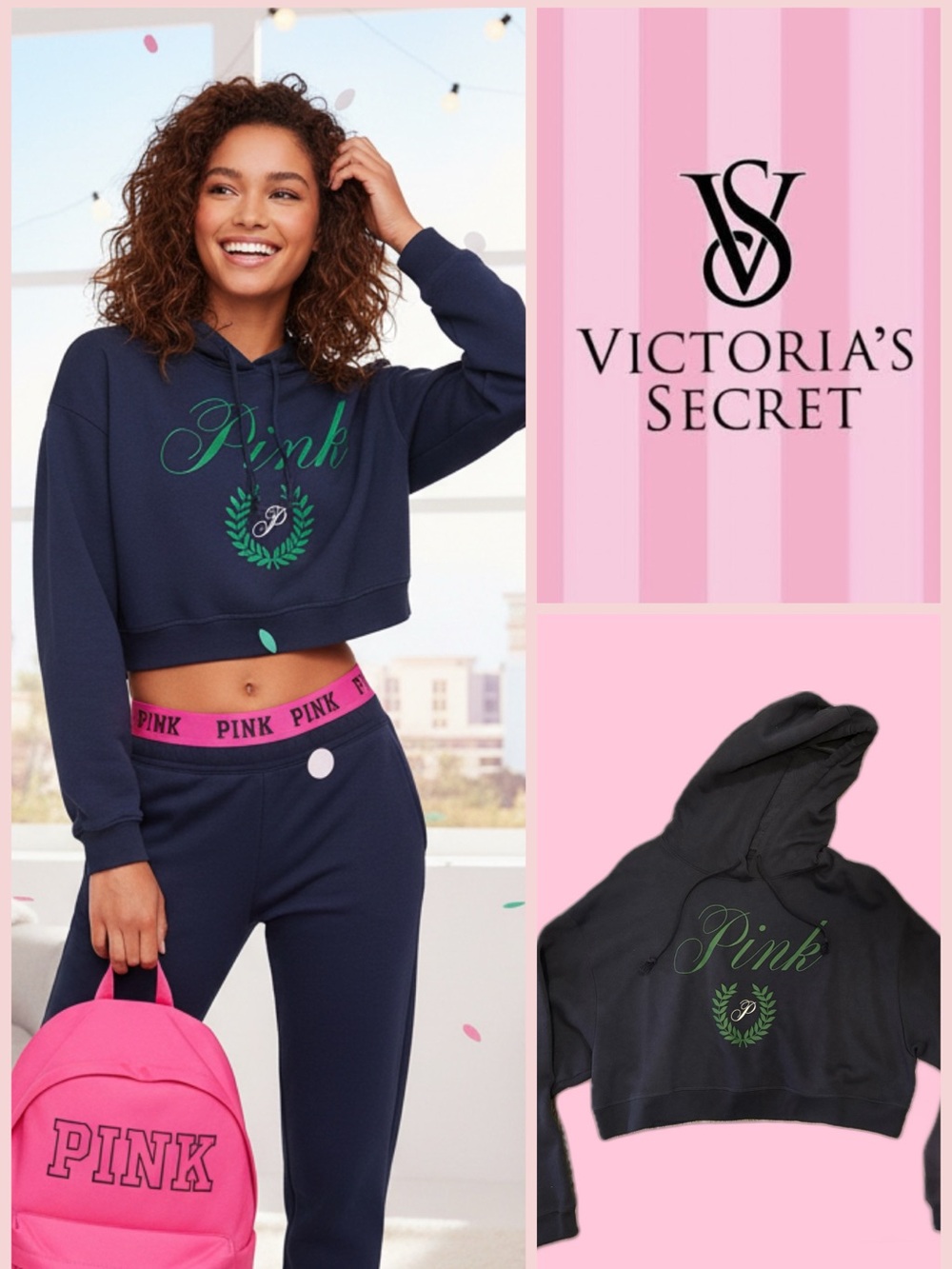 Victoria's Secret PINK Navy Crop Hoodie with Green Script